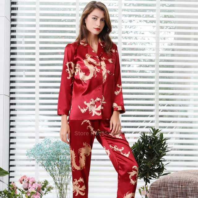 Women Silk Satin Pajamas Set 2pcs Full 