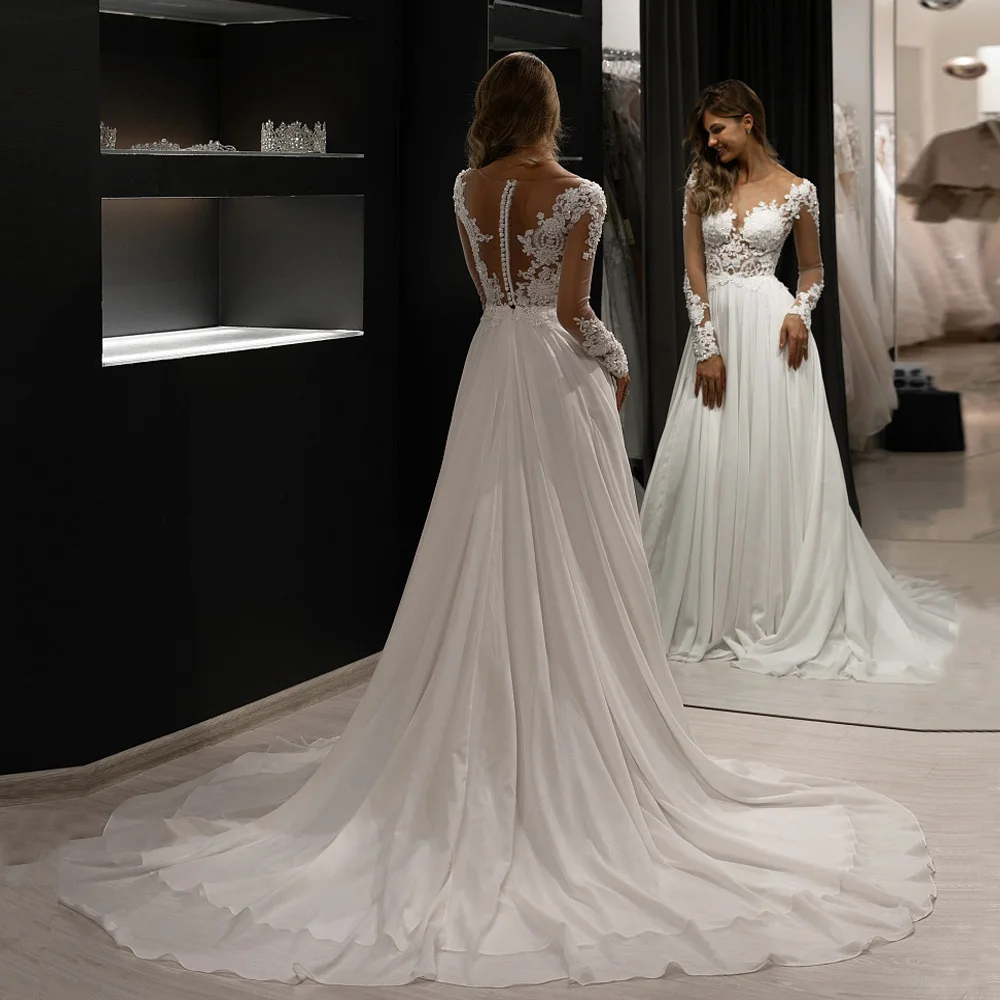 ADLN Прозрачные Свадебные платья с длинными рукавами Vestidos De Novia Совок бисер блесток аппликация свадебные платья из шифона