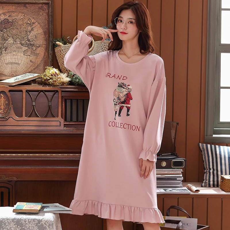Ночная рубашка из хлопка с длинными рукавами; осеннее Ночное платье; Kawaii; розовая ночная рубашка с рисунком; большие размерная рубашка для женщин