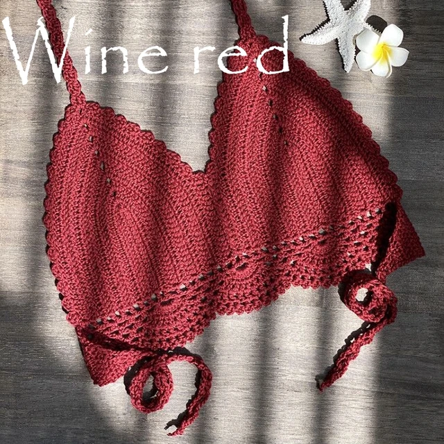 2021 New Bikini Top Handmade Crochet Women Boho Beach Bralette Solid Halter Knitted Swimsuit Brazilian Bikinis Bathing Suit Top Wine Red