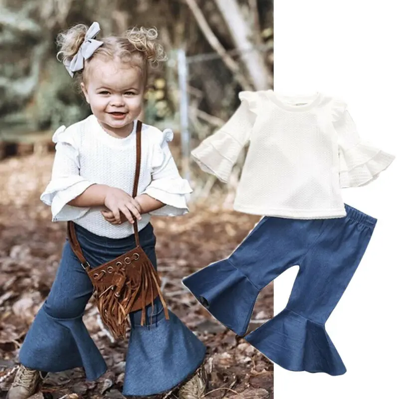 

Eleghant Kids Baby Girls Outfits White Trumpet Sleeve Shirts Tops+Elastic Flared Pants 2Pcs Autumn Child Girl Clothes Sets 0-5Y