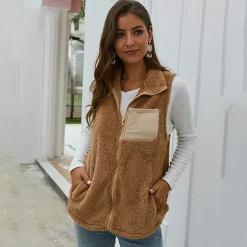 

Jackets Vest Women Sleeveless Coats Zipper Plush Warm Ladies Black Tank Tops Fashion Casual Clothing Female Outwear 2019