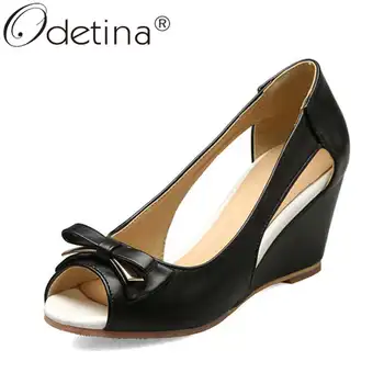 

Odetina Womens Fashion Open Toe Slip On Retro Wedges New Party Shoes Female Vintage High Heel Non-slip Bow Sweet Casual Shoes