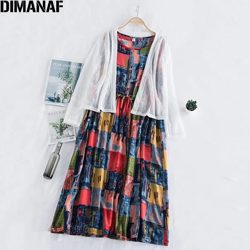 

DIMANAF Summer Plus Size Women Sets Suits Beach Print Elegant Lady Dress Sleeveless Loose Casual Cardigan Thin 2 Pieces Set 2020