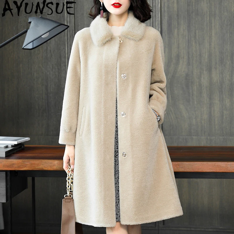 beige AYUNSUE Натуральная Овечья шерсть шуба зимняя куртка женский норковый меховой воротник шерсть пальто и куртки Женская Корейская куртка MY3999 - Цвет: beige