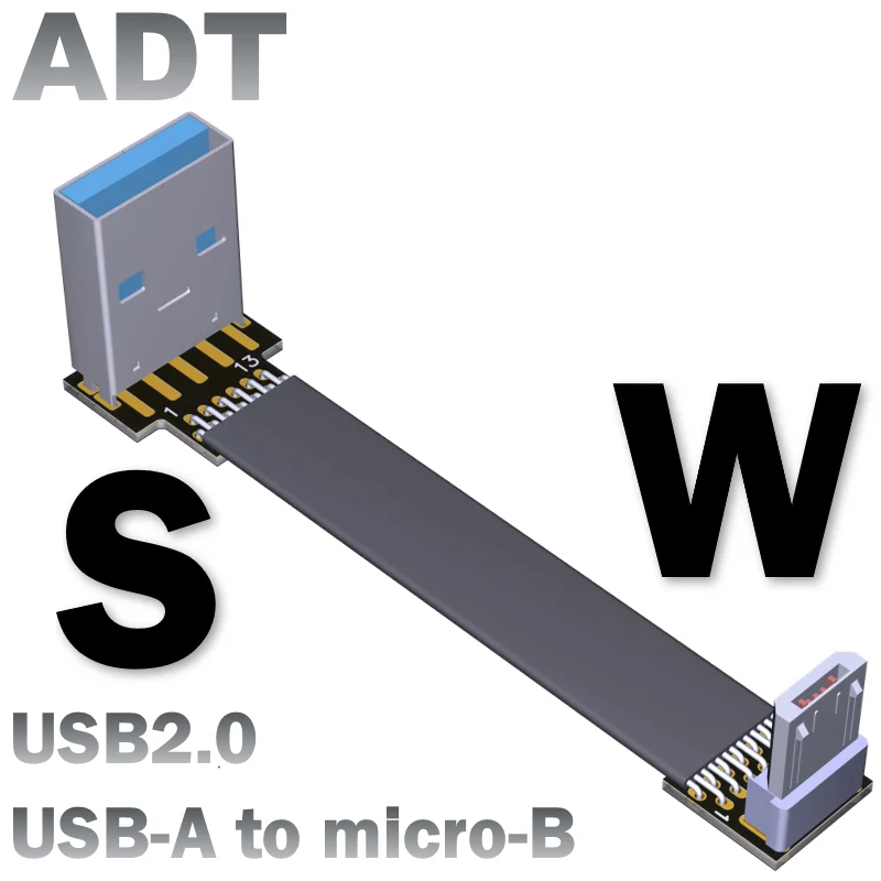 Плоский удлинитель USB2.0 штырь-гнездо A штырь к micro-b двойной изогнутый угол 480 м/bps