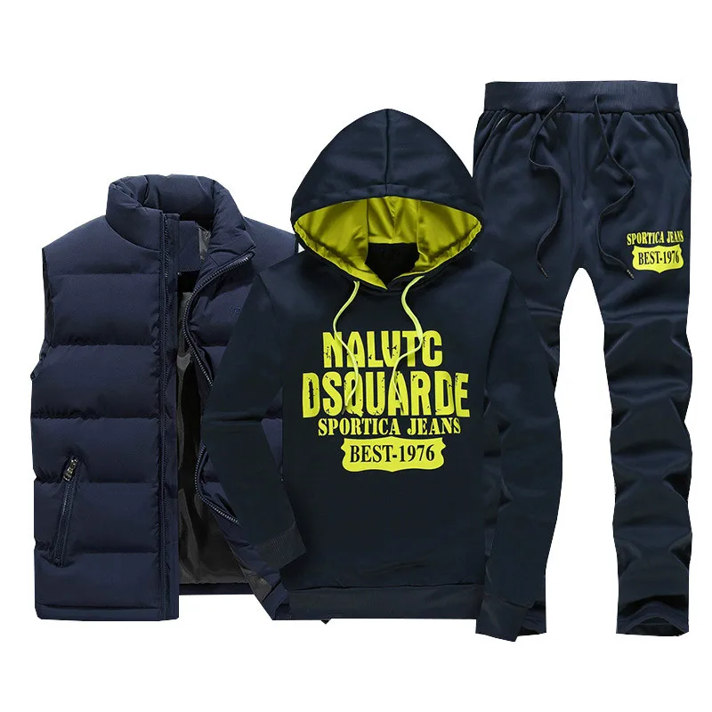 Dark Blue 3 Pieces Толстый спортивный костюм мужские теплые мужские комплекты из 3 предметов с капюшоном осенние флисовые толстовки+ жилет+ спортивные штаны зимние спортивные костюмы Мужское пальто - Цвет: Dark Blue 3 Pieces