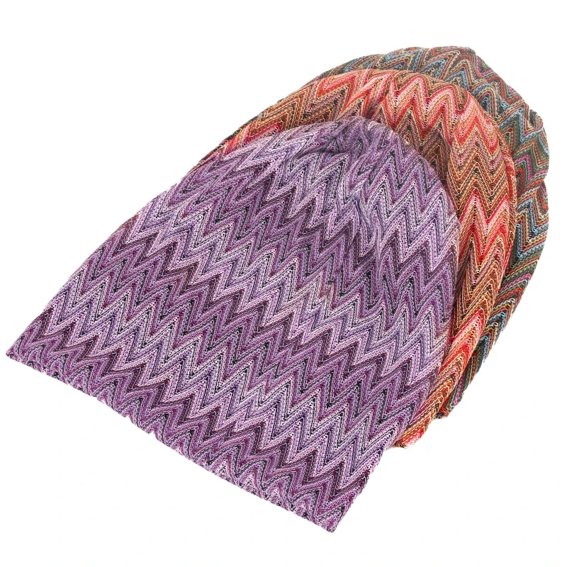 Geebro Women's Bohemia Wave Striped Beanie Hat Spring summer Multicolour Slouchy Hat for Ladies Knitted Bone hat Skullies Cap 4