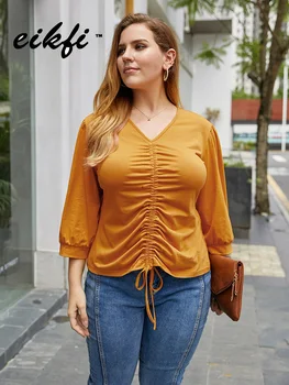 

2020 Autumn Women Ruched Drawstring Casual Shirt Lady V-neck Oversized Tops Female Solid Yellow Pink Green Plus Size Shirt 4XL