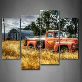 

4 Pcs/set Red Discarded Car Canvas Print Wall Art Painting Old Truck Modern Retor Car In Field Poster Wall Art for Home Decor