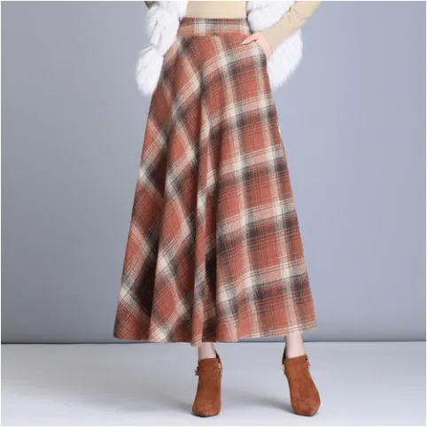 Осенне-зимние юбки, женская элегантная винтажная клетчатая юбка, Женская офисная юбка с высокой талией, А-линия, Длинная шерстяная юбка макси, fw628