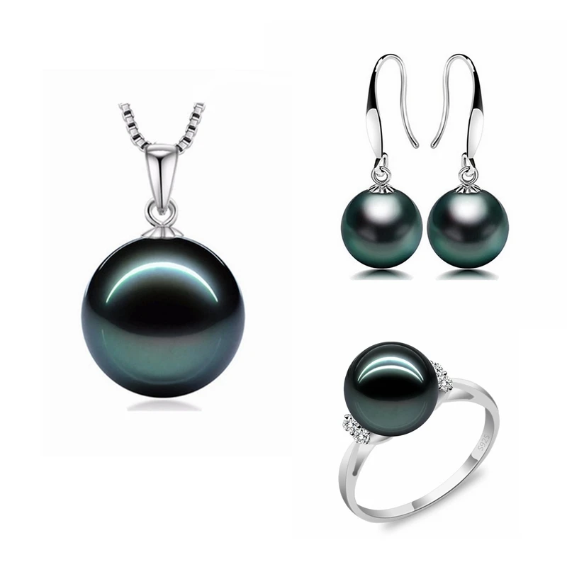S925 Стерлинговое Серебро, 8-12 мм, идеальное круглое жемчужное ожерелье в стиле Таити+ серьги+ кольцо, набор, модные ювелирные изделия для женщин - Окраска металла: Посеребренный