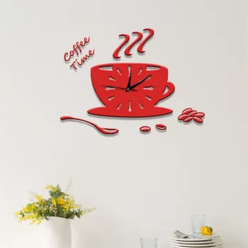 

Red Black Creative 3D Coffee Cup Spoon Wall Clock Acrylic Self Stick Kitchen Clock Dining Bedroom DIY Home Decor Pointer Clocks