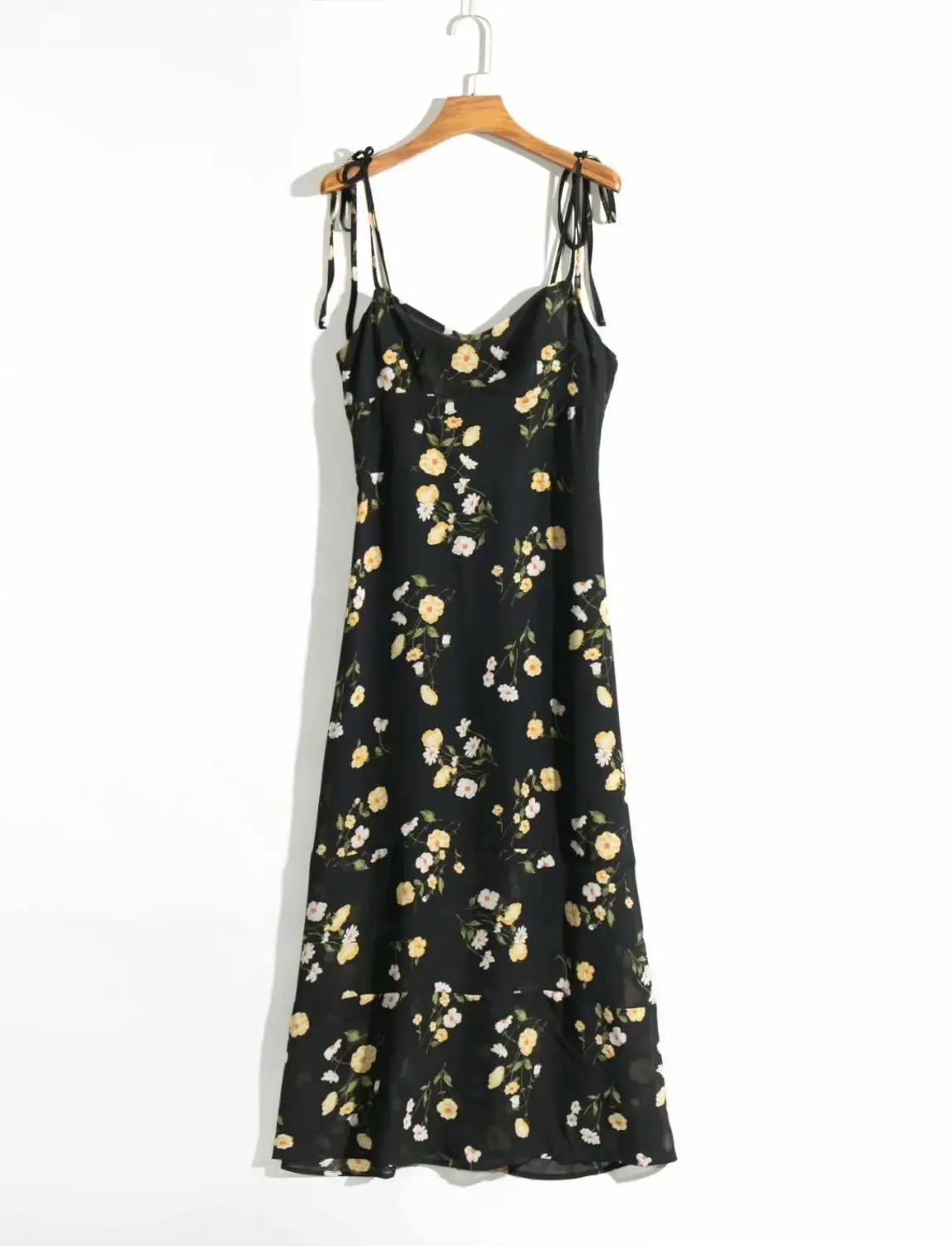 Bazaleas, винтажное женское платье с эластичным бюстом, шифоновое, регулируемое, на тонких бретелях, vestido, элегантное, с принтом маргаритки, черное, женское платье миди - Цвет: N423 black DR4891