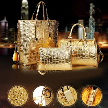 

3pcs/set Large Capacity Shoulder Bag For Female Crocodile Pattern Crossboby Bag Lady Gold Silver Women Tote Handbags #T2G