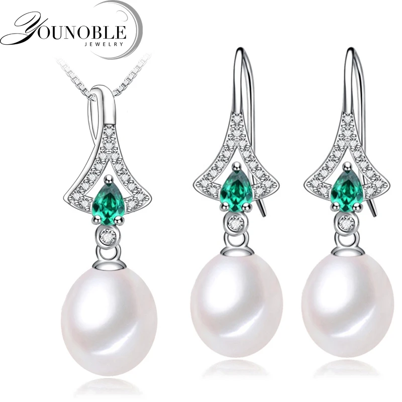 Настоящая пресноводная жемчужина, ювелирный набор для женщин, модное серебристое Ожерелье 925, серьги для девочек, подарок на день рождения - Gem Color: white pearl set