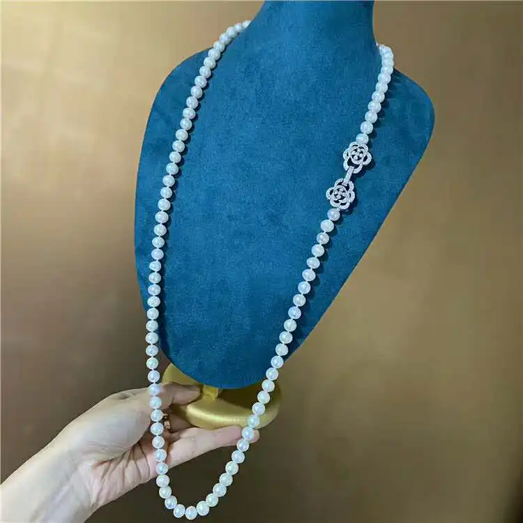 

Hand knotted simple noble 8-9mm 95cm white freshwater pearl micro inlay zircon accessories necklace sweater chain
