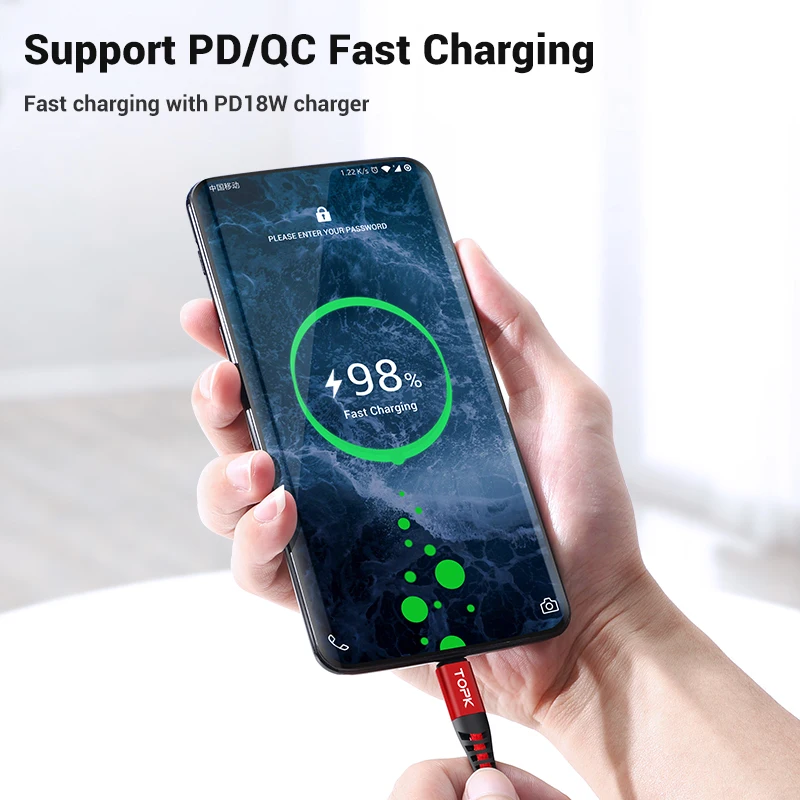 Кабель TOPK 60 Вт PD USB Type C к для зарядного устройства QC3.0 3A кабель быстрой зарядки