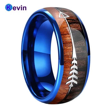 

Blue Wedding Band Tungsten Wedding Ring Dome Band 8MM With Double Woods And Arrow Inlay