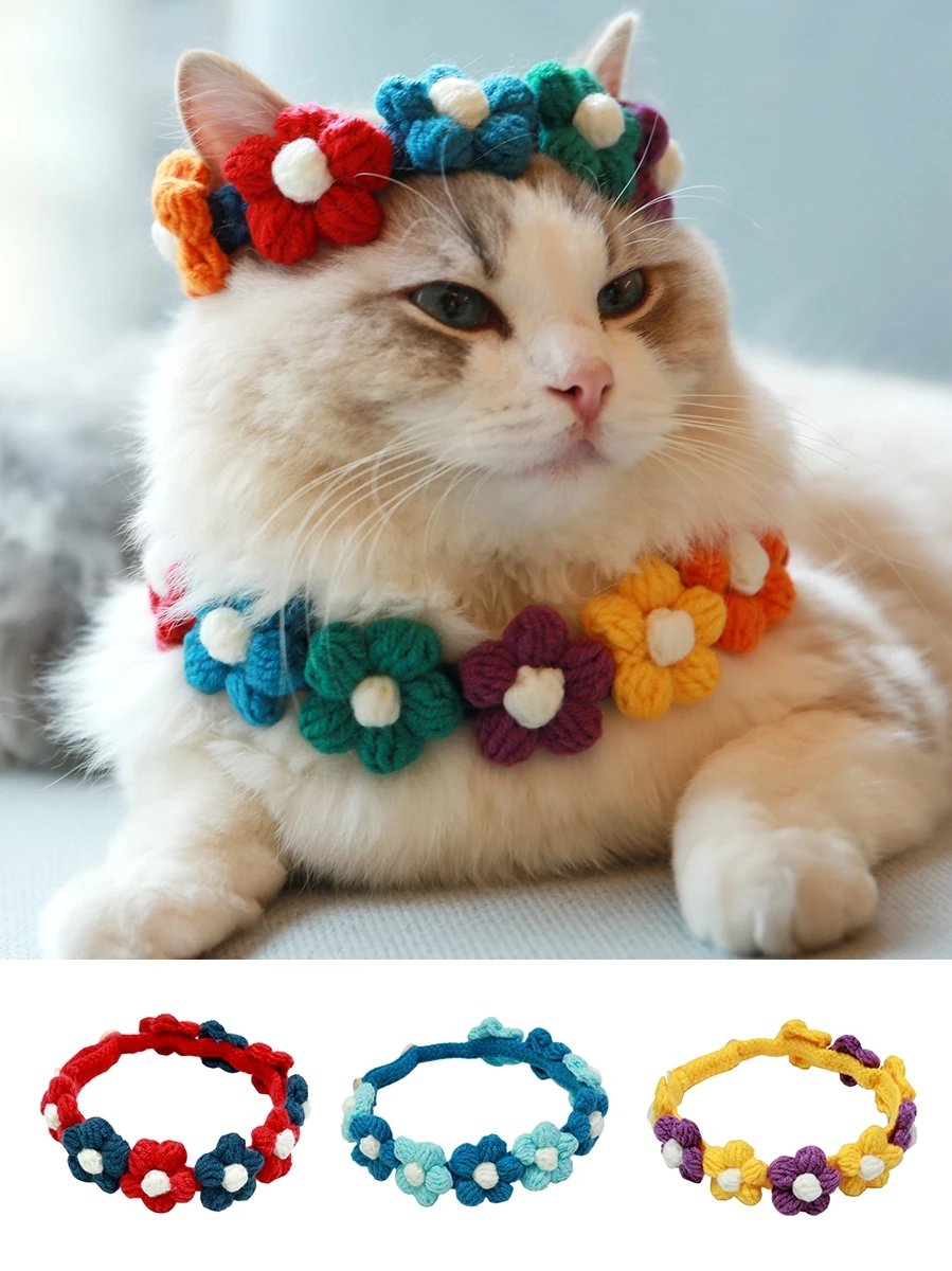 Babero de lana tejido mano para mascotas, collar pequeño de ganchillo con flores para gatos, babero corto británico de Shiba Inu, accesorios para perros y gatos|Collares y correas para gatos| -