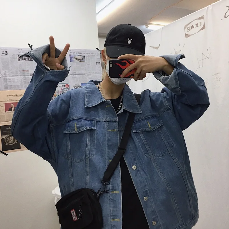 Fox mr. осень Ulzzang Harajuku BF Стиль уличное винтажное джинсовое пальто свободный крой Классические Куртки для пар мужские