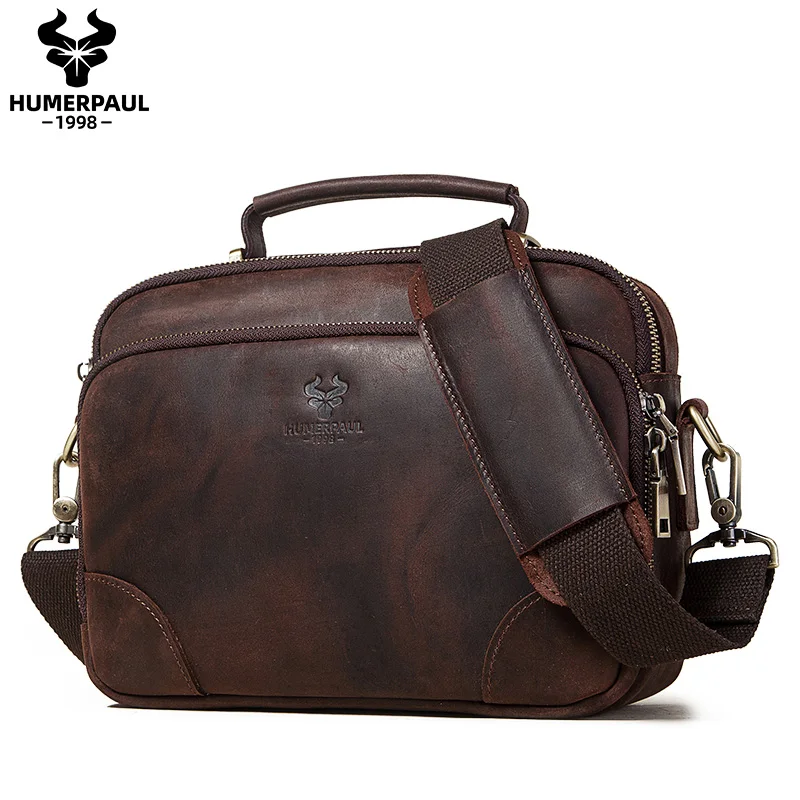 

Bag Bags Crazy Horse Leather Men's Shoulder Three Zipper Male Messenger Capacity Bolsos Crossbody Bags For Office High Quality