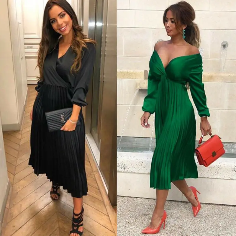 

2019 New Pleated Dress Office Ladies Elegant V Neck Midi Dress Autumn Women Long Sleeve High Waist Pleated Dress Solid