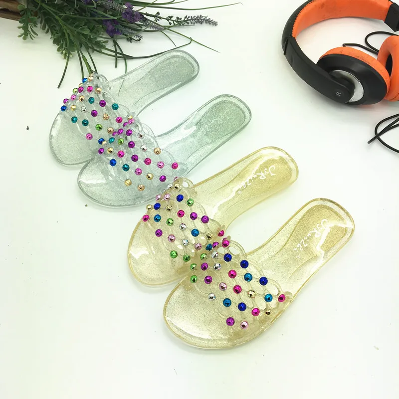 

2019 new crystal transparent soft waterproof non-slip hollow diamond deodorant mesh slippers for children