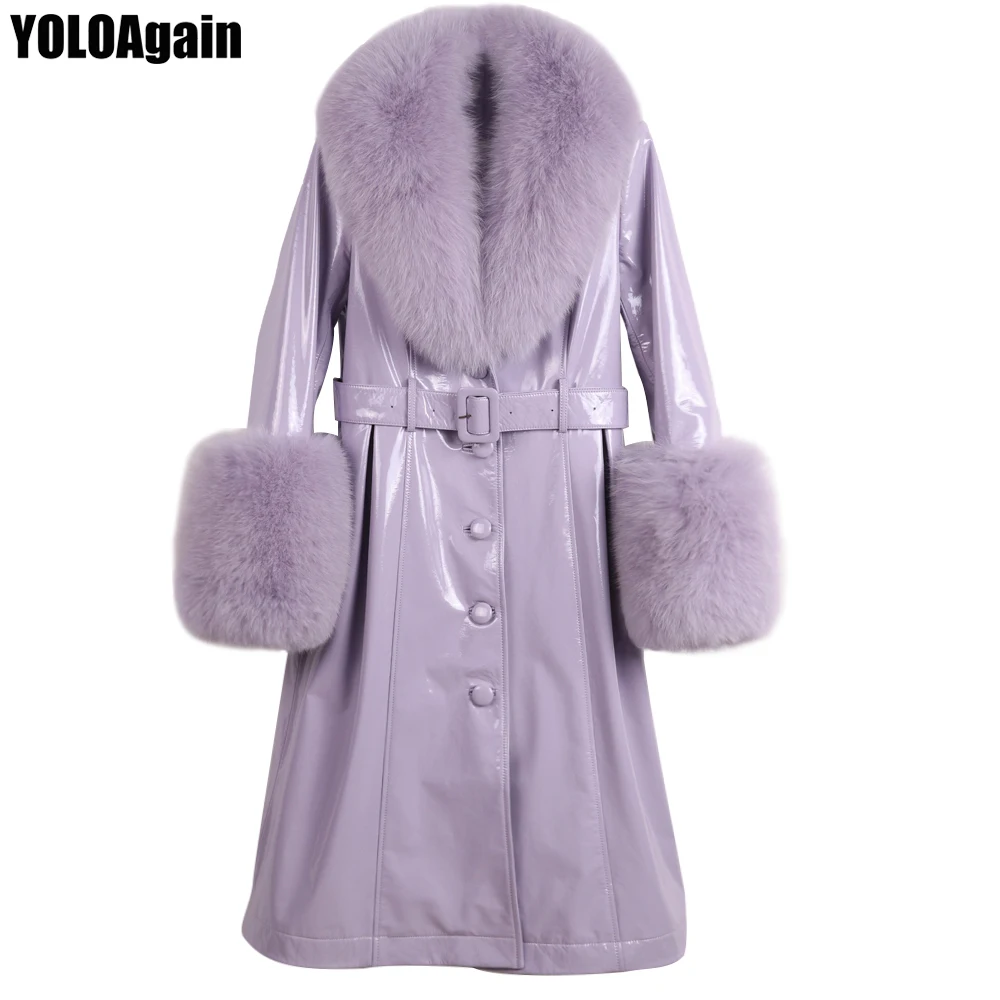 

YOLOAgain women long genuine leather coat ladies single breasted fox fur collar real leather trench