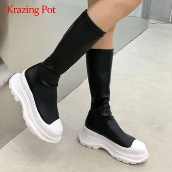 

Krazing pot stretch boots microfiber thick bottom platform round toe high heel slip on energy superstar dress mid-calf boots L63
