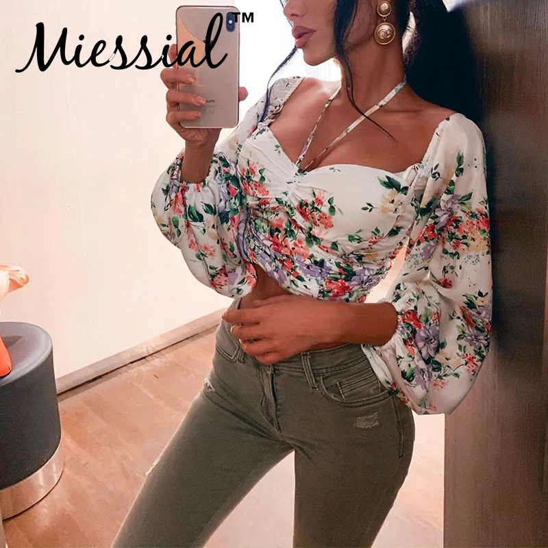 Miessial цветочный принт Холтер шнурок Бохо блузка рубашка женская длинный фонарь