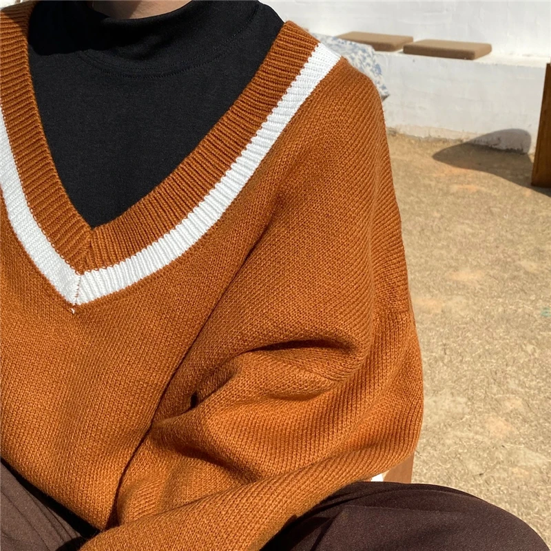 BGTEEVER, уплотненный теплый пуловер с v-образным вырезом, джемперы для женщин,, зимний полосатый свободный Женский вязаный свитер с длинным рукавом, топы