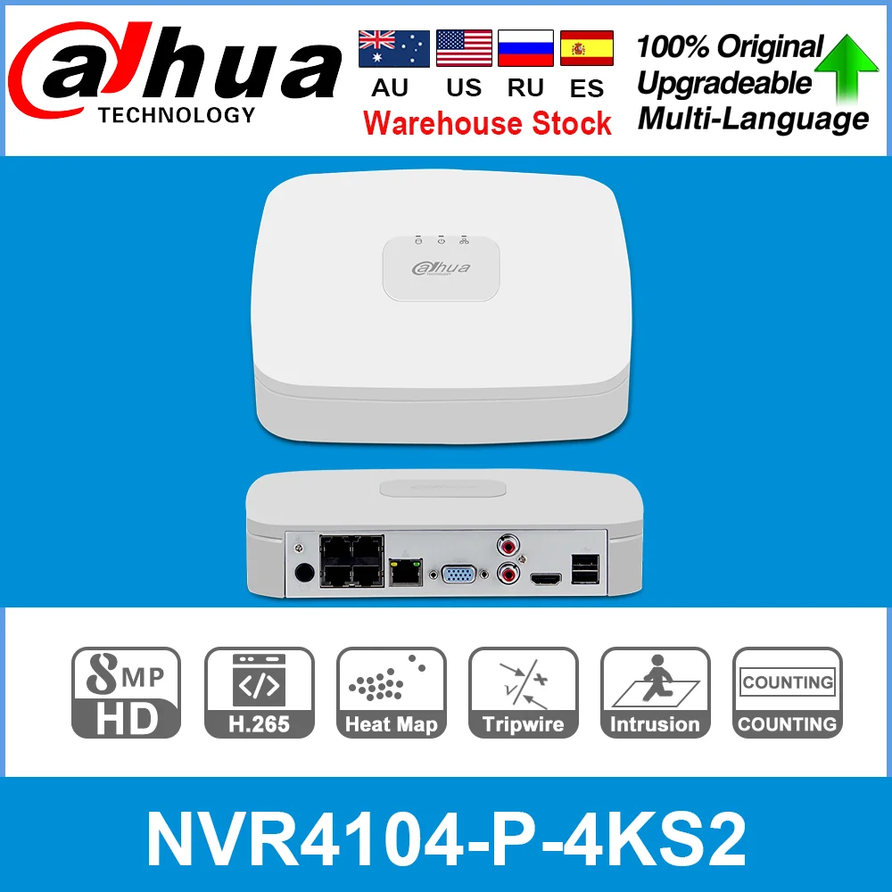 Dahua Original NVR4104-4P-4KS2 4 Channel 4 Poe Port NVR Smart 1U H.265 4K Lite 80Mbps MAX for CCTV System