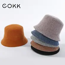 COKK, новинка, шерстяная вязаная Панама, шапка для женщин, зимние шапки для женщин, одноцветная шапка в рыбацком стиле, женская простая мягкая шапка в Корейском стиле