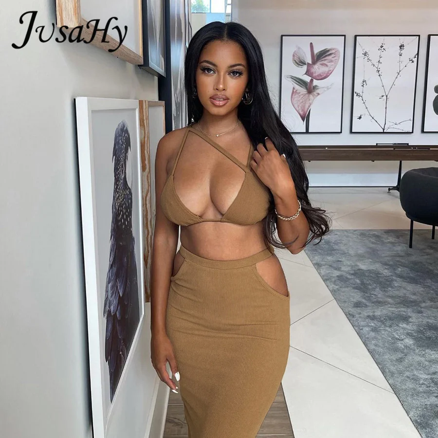 

JusaHy Summer Solid Sexy 2 Two Piece Skirt Set Women Skew Collar Backless Bandage Crop Top And Hollow Skinny Long Skirts Outfits