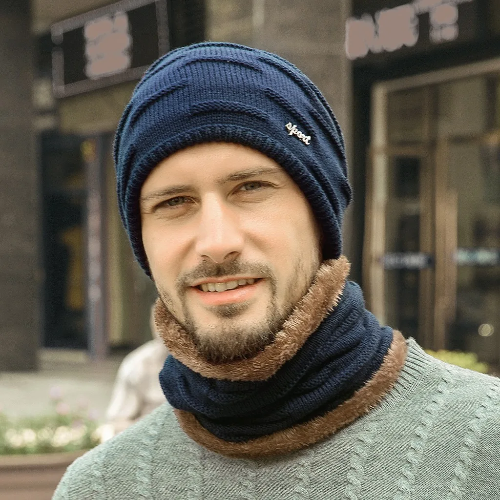 Мужской зимний комплект из шапки и шарфа искусственной шерсти зимние облегающие