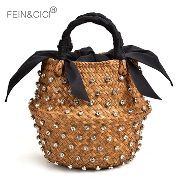 

Handmade Embellished Straw Bag Summer Holiday Beach Bag crystals Diamond Ladies Woven Bucket Diamond Bag Designer Hot Handbags