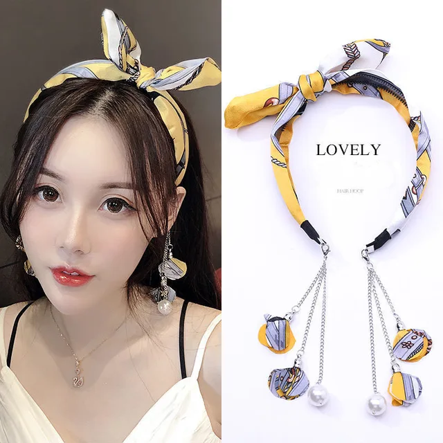 Women Removable Earring Ribbon Hairband Hair Hoop with Eardrop Headband Fashion Dangler Head Band Hair Accessories Headwear Yellow Grey