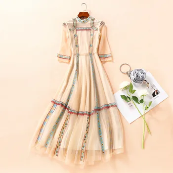 

High Quality Runway Dress Summer 2020 New Women's Elegant Vintage Embroidery Mesh Long Maxi Evening Party Dresses Vestidos