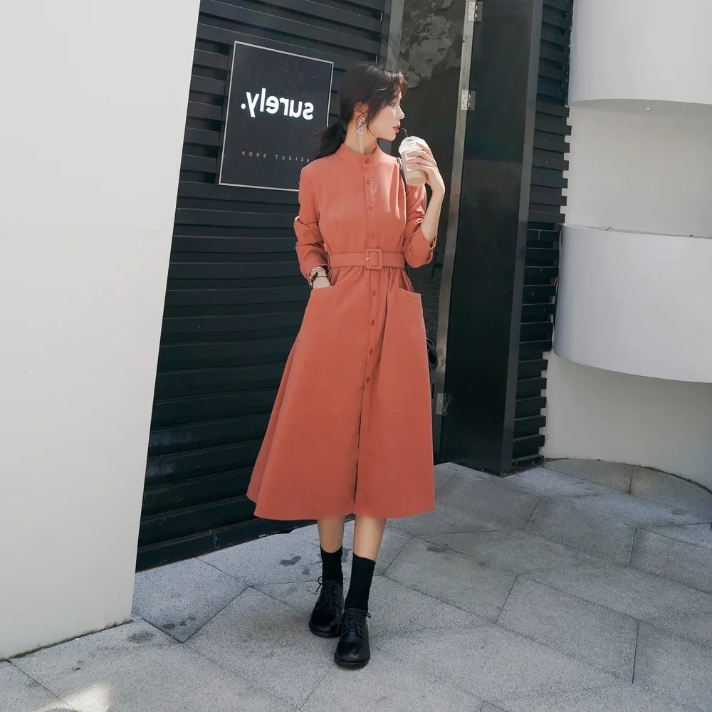 

Photo Shoot French Laziness-Style Stand Collar Large Pocket Waist Hugging Dress 2020 Spring New Style WOMEN'S Dress Retro Shirt