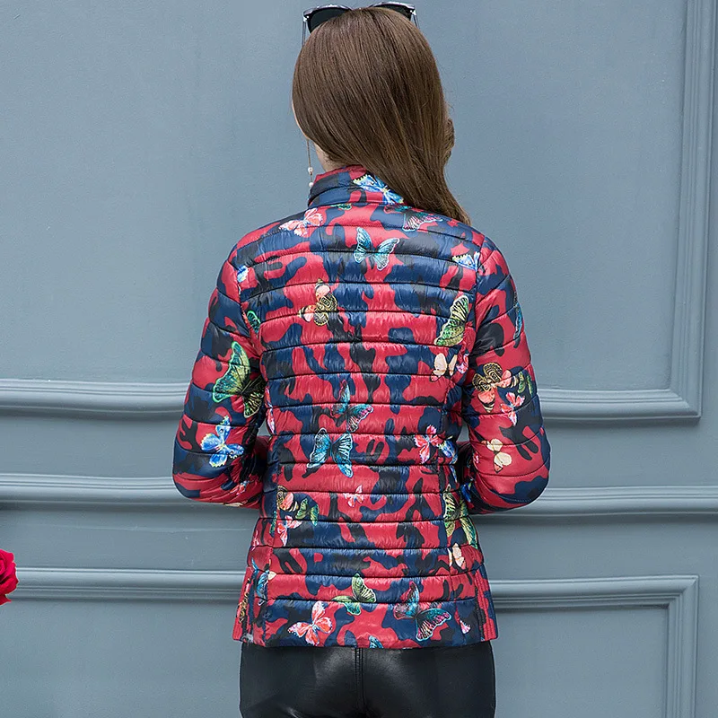 

2019 Fashion Printed Autumn And Winter WOMEN'S Dress Short Cotton-padded Clothes Versatile Warm Cotton Coat Slim Fit Stand Colla