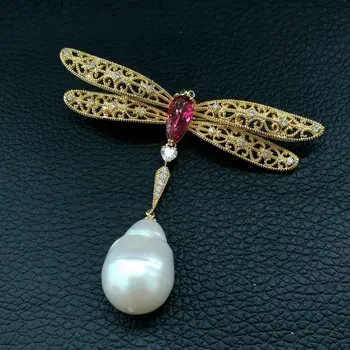 

cultured White Keshi Pearl Cz Pave gold color plated Dragonfly Brooch for women
