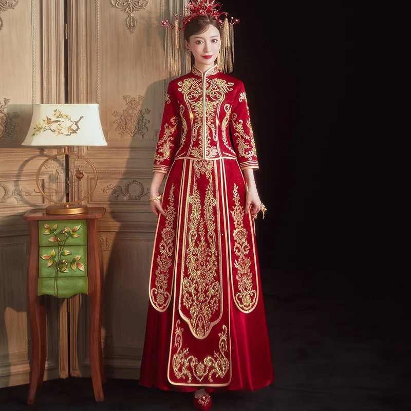 

Exquisite Embroidery Bride Wedding Dress Vintage Cheongsam Chinese Style Marriage Suit Elegant Bride Costume Toast Clothing
