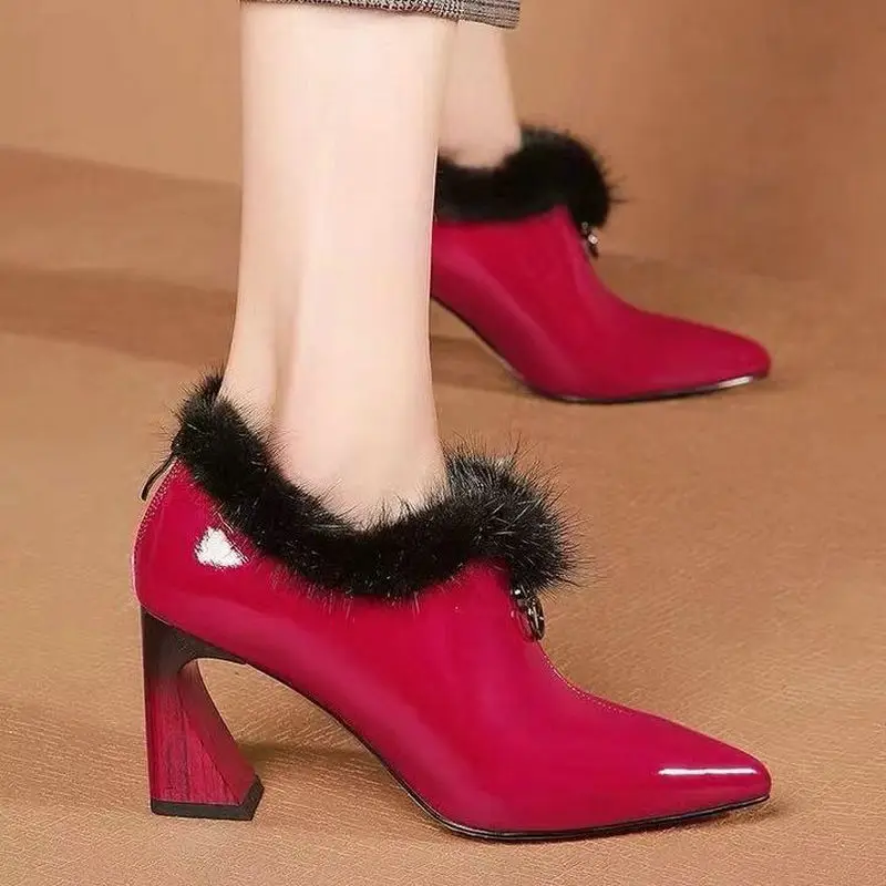 

Nice New Women Elegant Pumps Spring Autumn Fur Inside Warm Brand Shoes Woman High Heels Sexy Female Black Red Dress Rain Boots