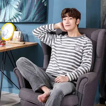 

XIZOU Winter Long Sleeve Thick Warm Flannel Pajama Sets for Men Coral Velvet Sleepwear Suit Pyjamas Lounge Homewear Home Clothes