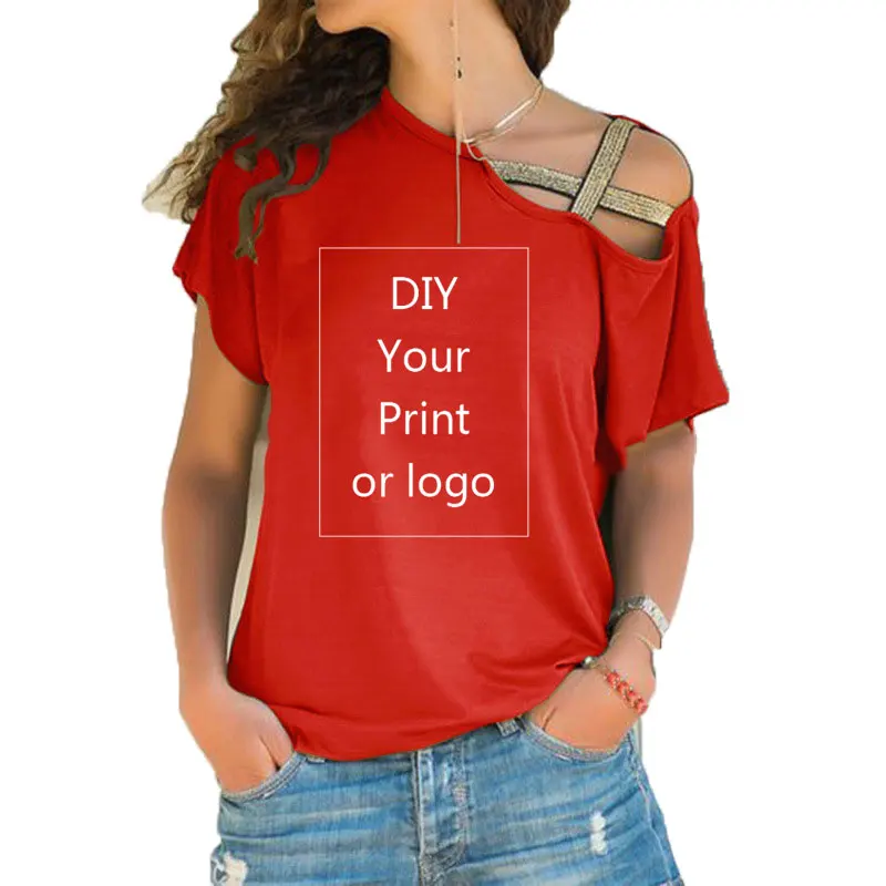 Customized Print T Shirt for Women DIY Your like Photo or Logo Top T-shirt Femme Irregular Skew Cross Bandage Size S-5XL Tees 4