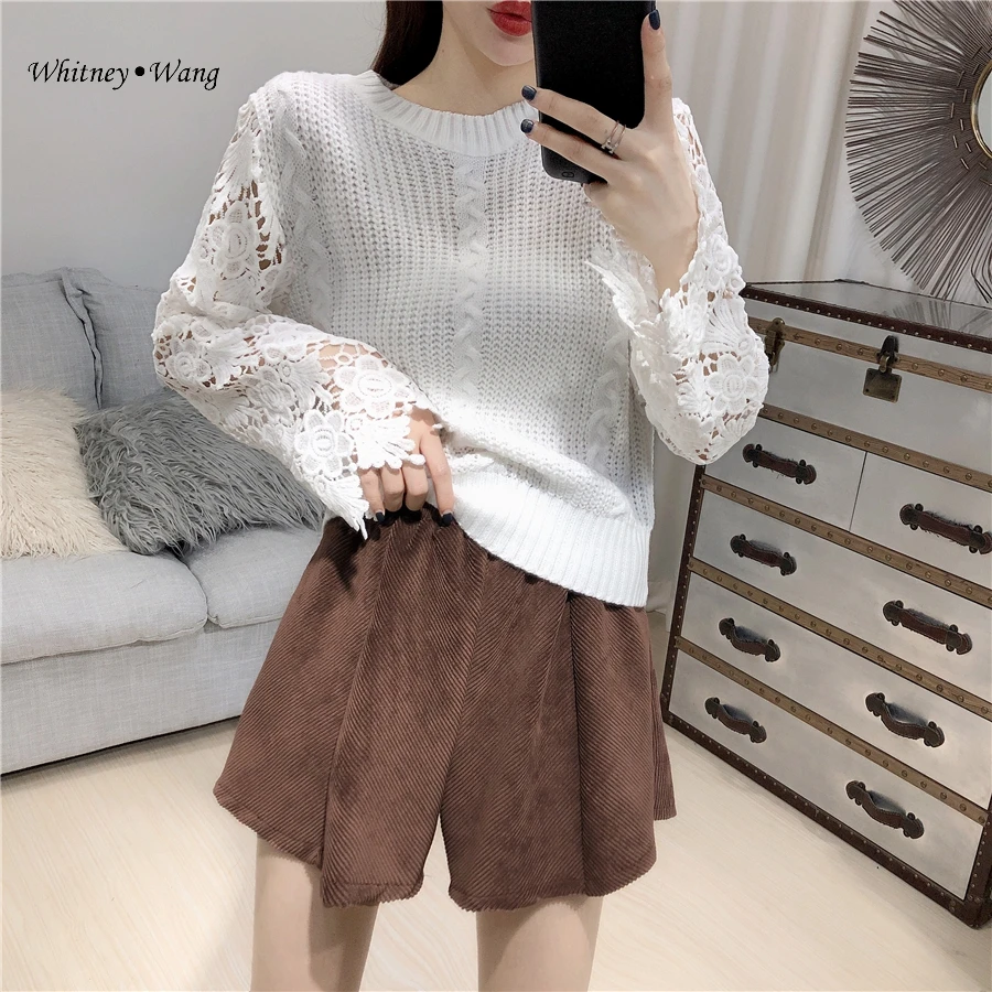 WHITNEY WANG 2019 осенняя мода уличная одежда кружева пэчворк рукав свитер женский