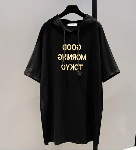 Черный Летняя новая Корейская футболка с капюшоном Женская нашивка Короткие рукава простая хлопковая рубашка Студенческая свободная футболка Топы - Цвет: Черный