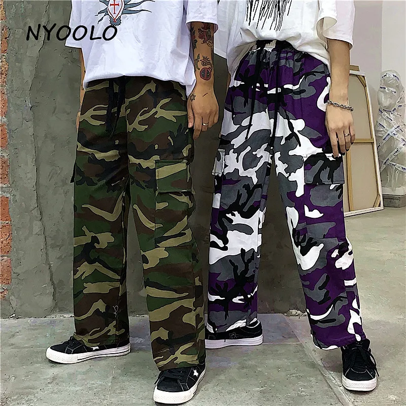 NYOOLO Harajuku стиль уличная большие карманы камуфляжные брюки повседневные эластичные талии длина голеностопного сустава брюки для женщин и мужчин