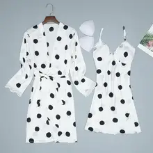 Новинка, женская сексуальная сатиновая модная пижама в горошек, одежда для сна на бретельках, комплект с длинным рукавом, майка, ночная рубашка, набор, Nuisette Femme De Nuit#122